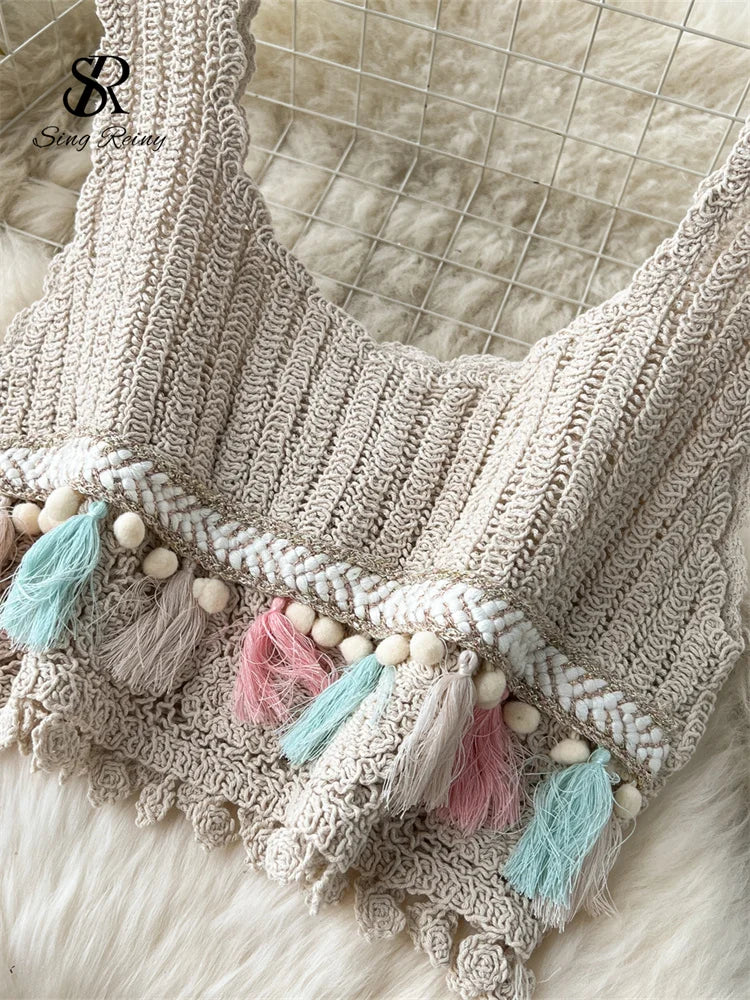 Bohemian Vintage Knit Two Piece Tank Tassels Crop Tops+Loose Hooked Hollow Out Skirt Beach Outfit