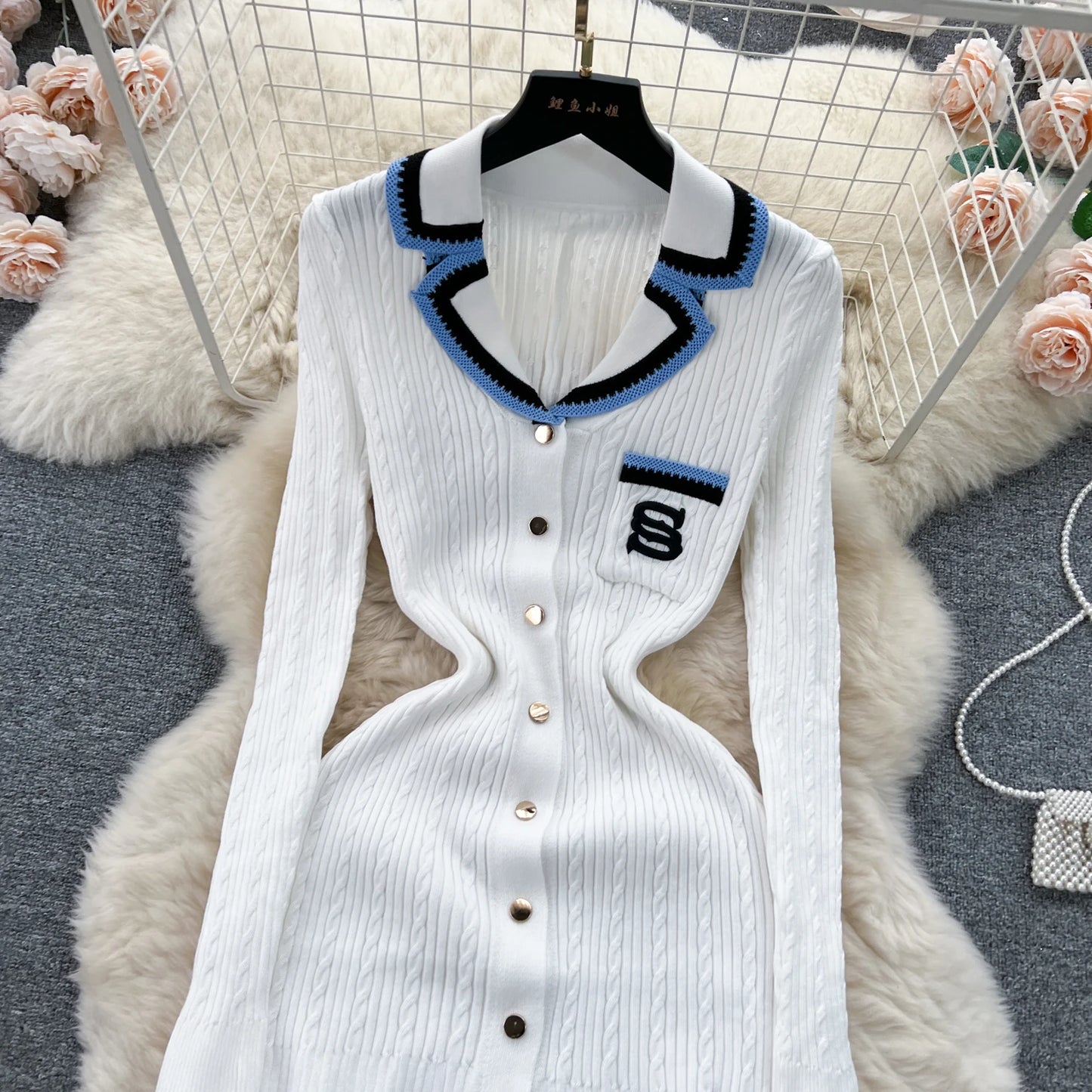 Women Polo Dress Single Breasted Pocket Design Bodycon Knitted Dress Sweater Midi Dress