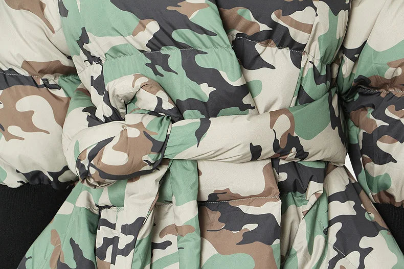 Women's Cotton-padded Coat Belt Irregular Waist Camouflage Knitted Sleeve Parkas Jackets Winter Jackets