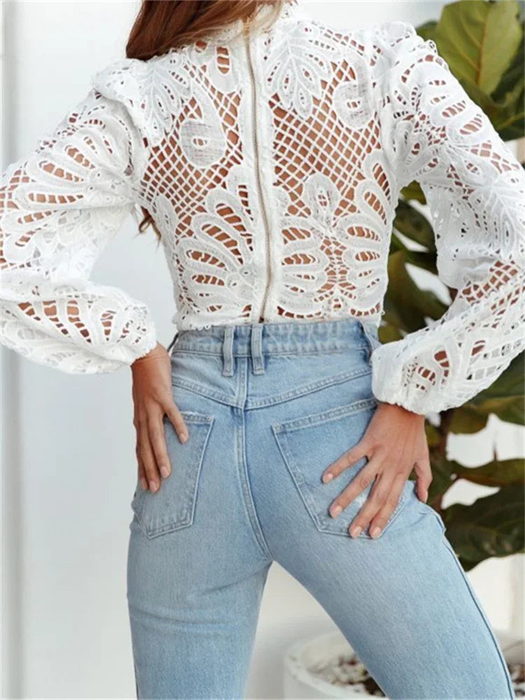 Women Elegant Lace Blouse Shirts Summer Puff Long Sleeve Top Blouse for Female