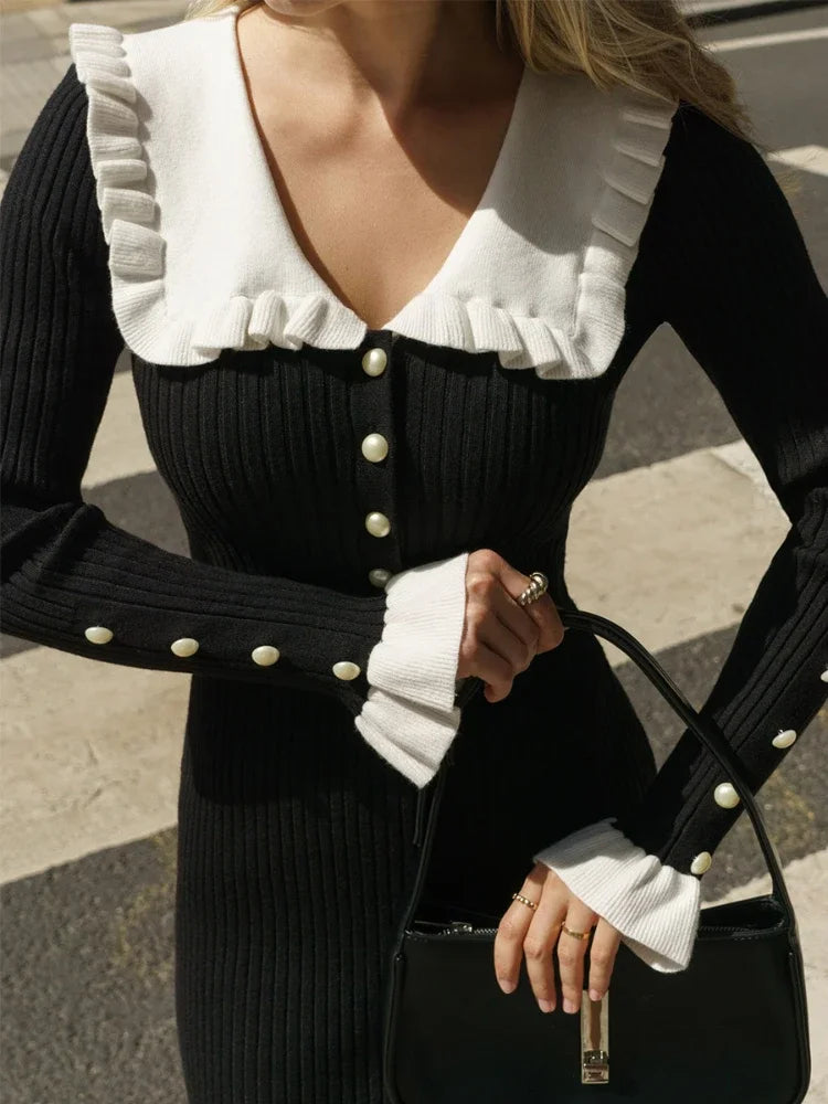 Retro Elegant High Waist Ruffled Maxi Sweater Dresses Knitted Dress
