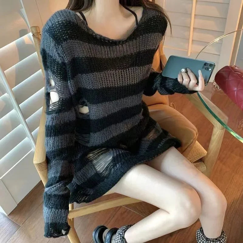 Punk Gothic Long Sweater Women Striped Broken Jumper