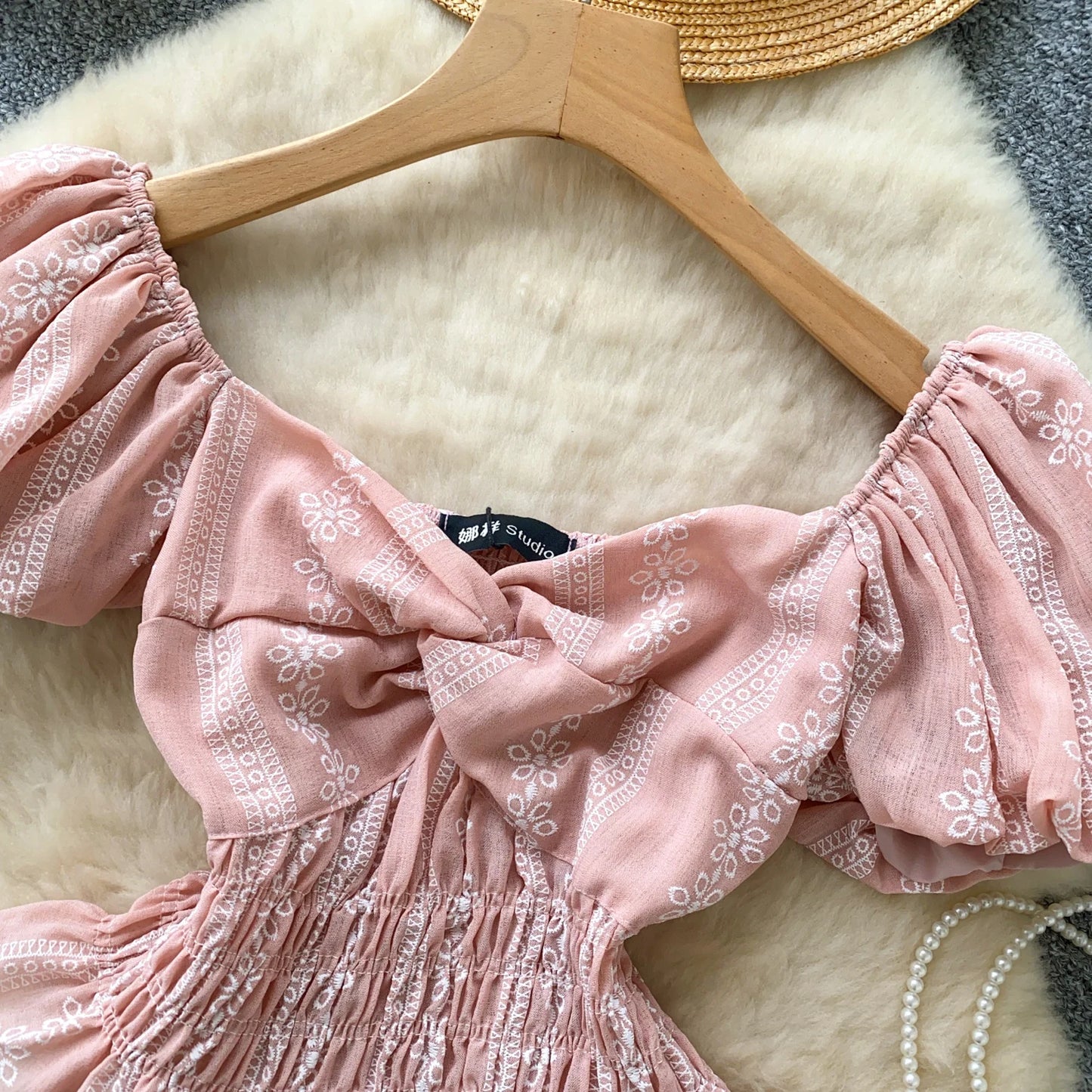 Jacquard Blouse Square Collar Puff Sleeves Elastic Slim Crop