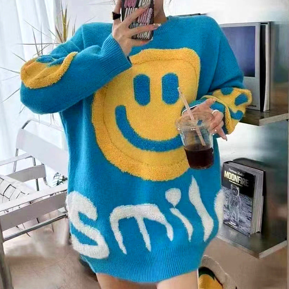Thickened Versatile Smiling Face Pink Sweater Warm Christmas Sweater
