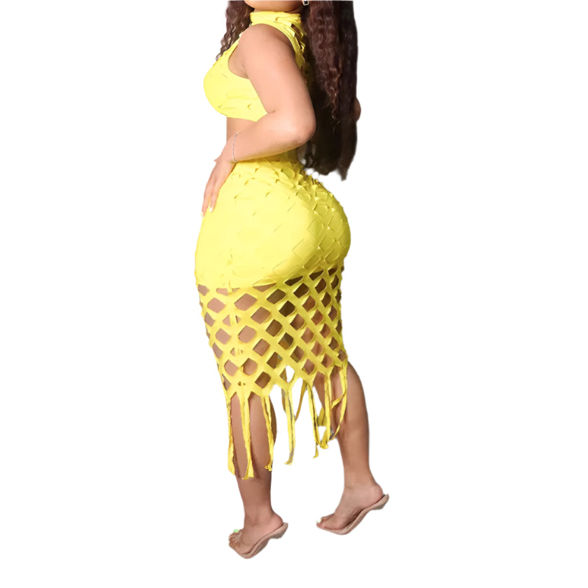 Women Hollow Out Tassel Bodycon Midi Skirts Two Piece Set and Sleeveless Top and Skirt Set