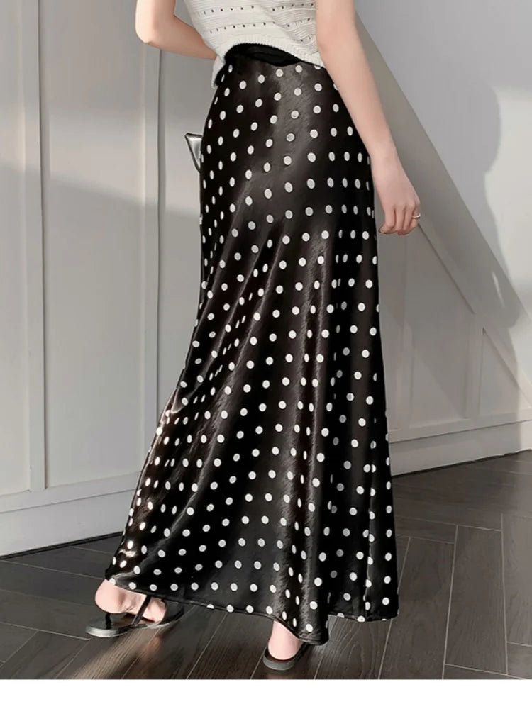 Polka Dot Satin Skirt Women's High Waist Versatile Elegant Dot Long Skirt