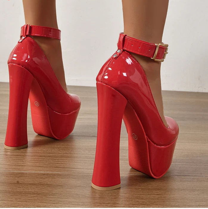 2cm Belt Buckle Pumps Women 5.5cm Platform Party Disco Chunky Heels
