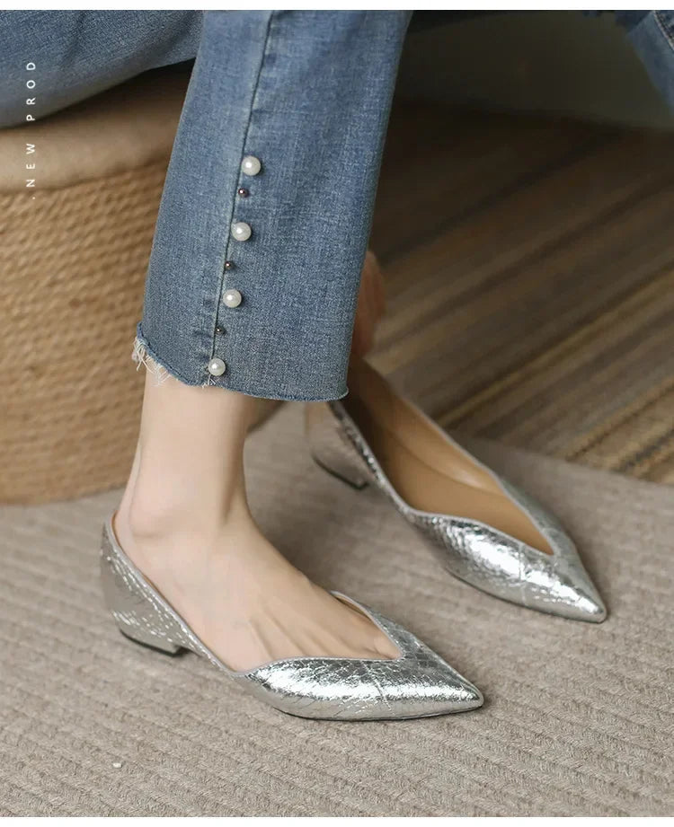 French Pointed Leather Shoe Simple Comfort Sheepskin Elegant Low Heel Shoes
