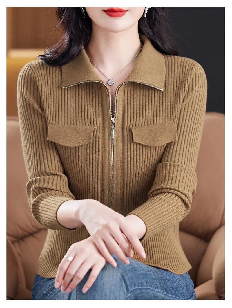 Women Knitted Sweater Cardigan Short Jacket Turn-Down Collar Knit Top