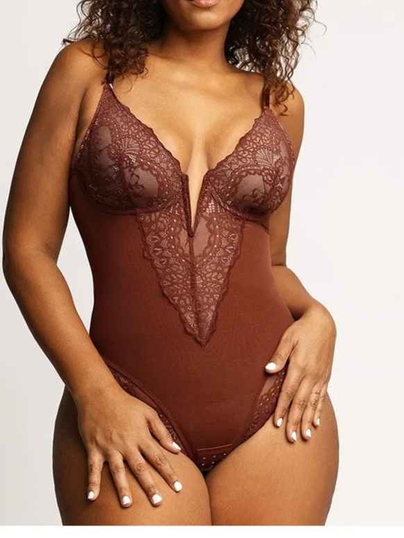 Sexy Deep V-Neck Lace Slimming Body Shaper Plus Size Tummy Control Push Up Bodysuit