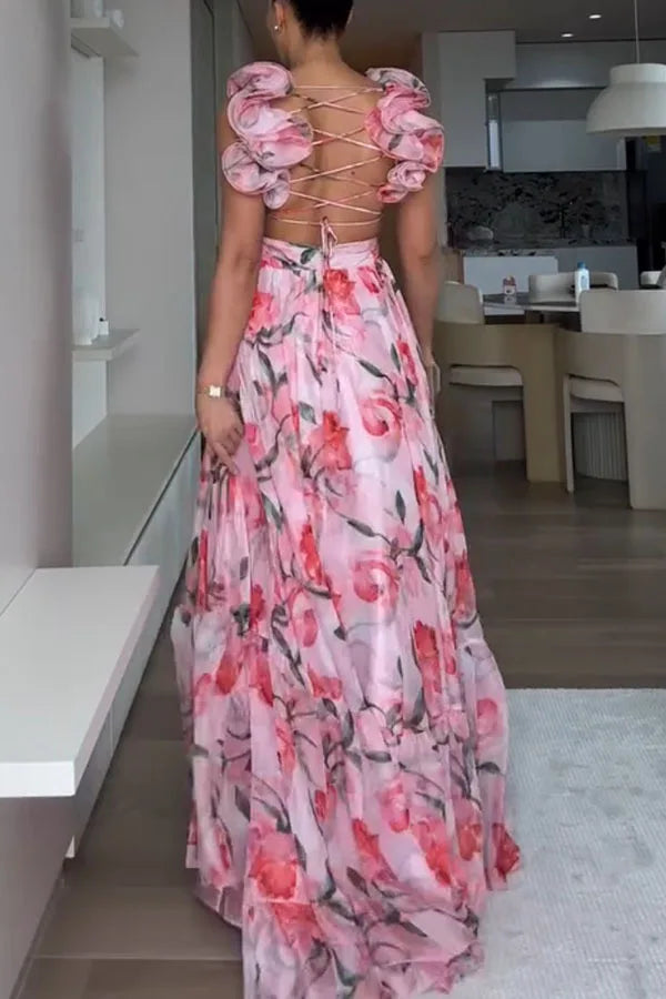 Women Chiffon Ruffle Edge Printing Maxi Dress V Neck Pleated High Waist Ankle Length Dress