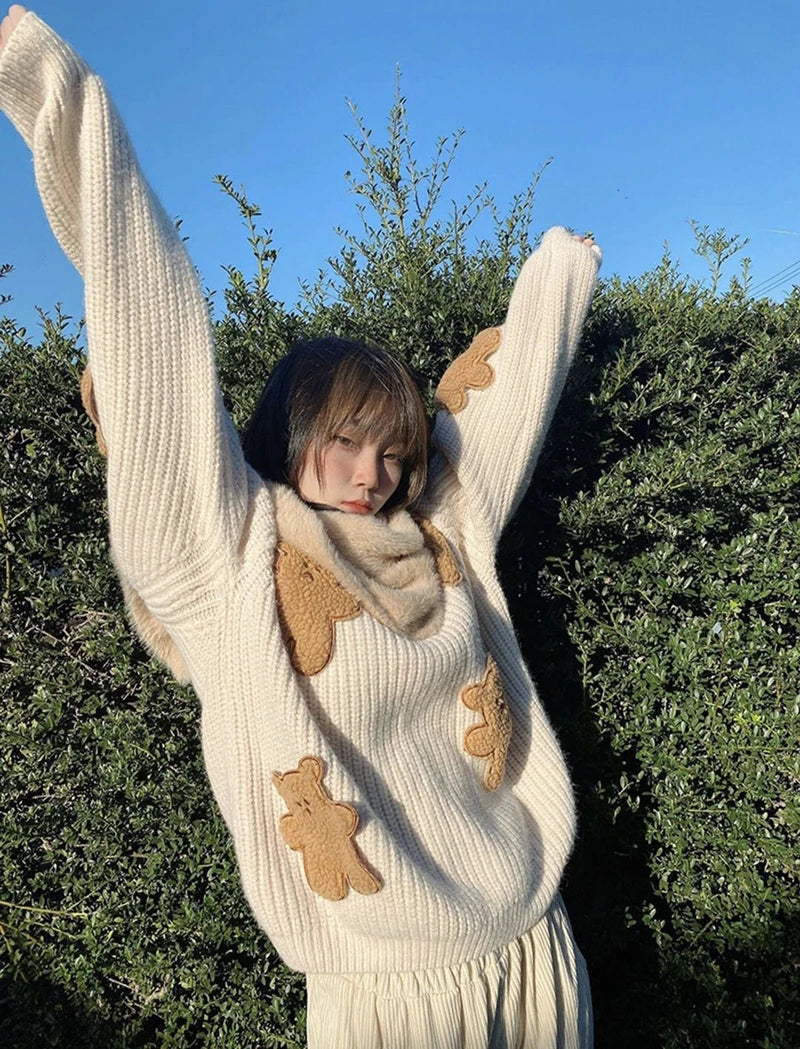 Sweet Cartoon Bear Sweater Women Cute Knitted Pullover Oversized Knitwear