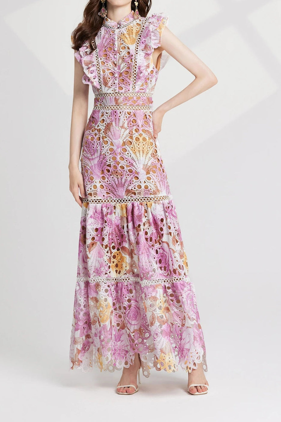Flower Embroidery Maxi Wedding Guest Dress Women Flare Ruffles Sleeve Neck Colorful Long Robe