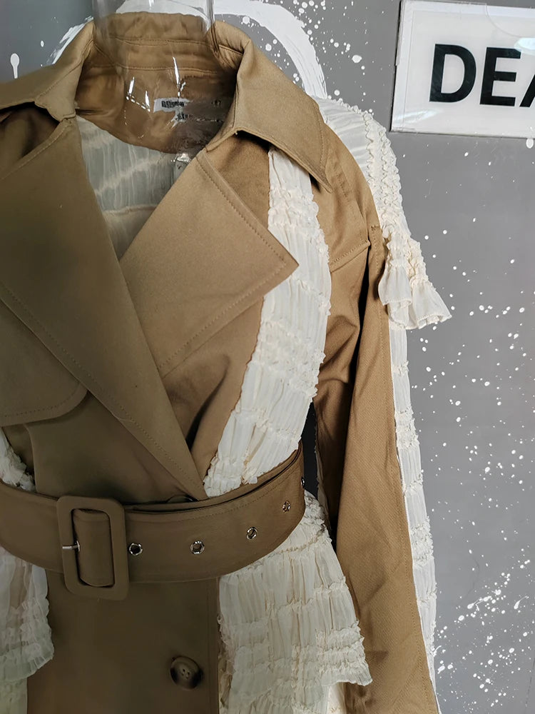 Lace Patchwork Trench Coat Women's Lapel Loose Double Breasted Windbreaker