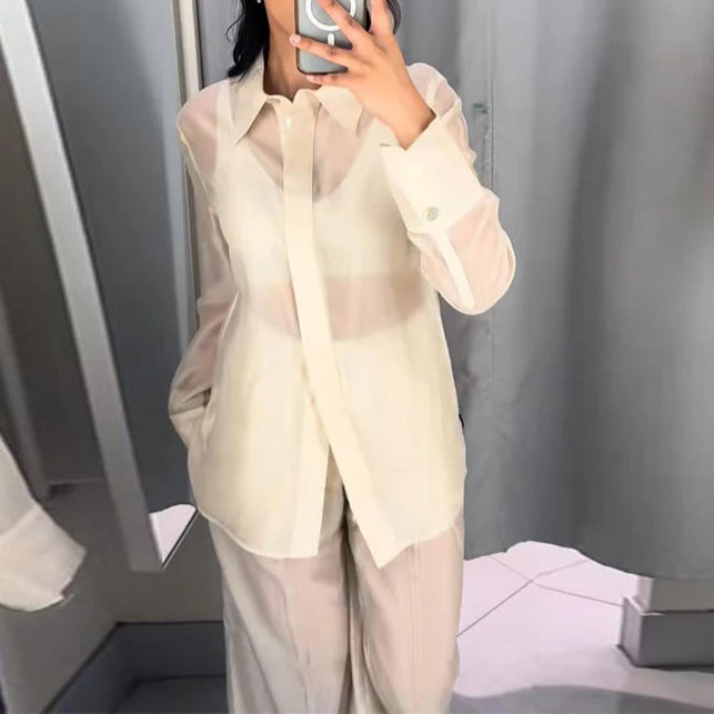 Sexy See Through Silk Set Women Elegant Blazer Coat Loose Shirt Wide-leg Pants