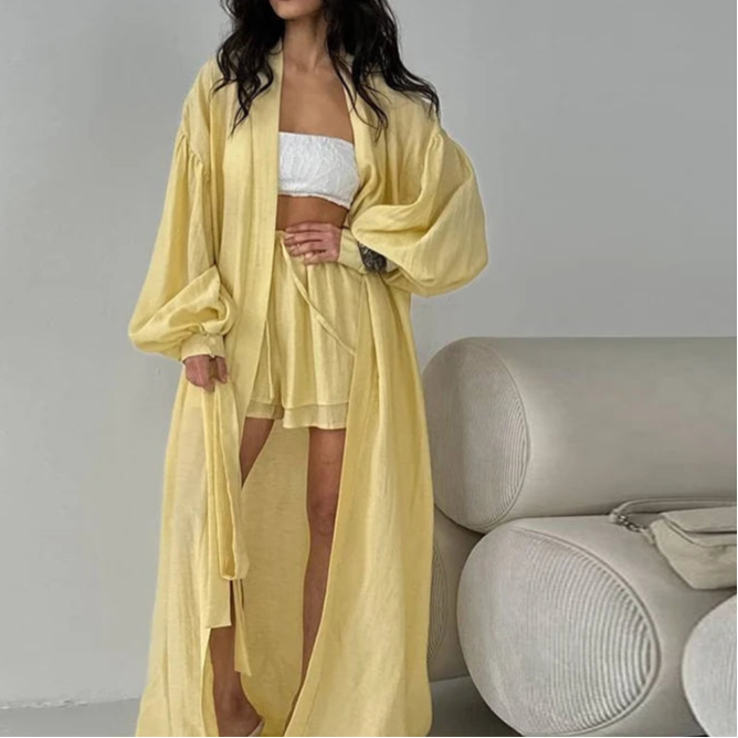 Loose Long Cardigan Lace Up Shorts Sets Women Crop Solid Balloon Sleeve Shirts Elastic Wide Leg Short Pants
