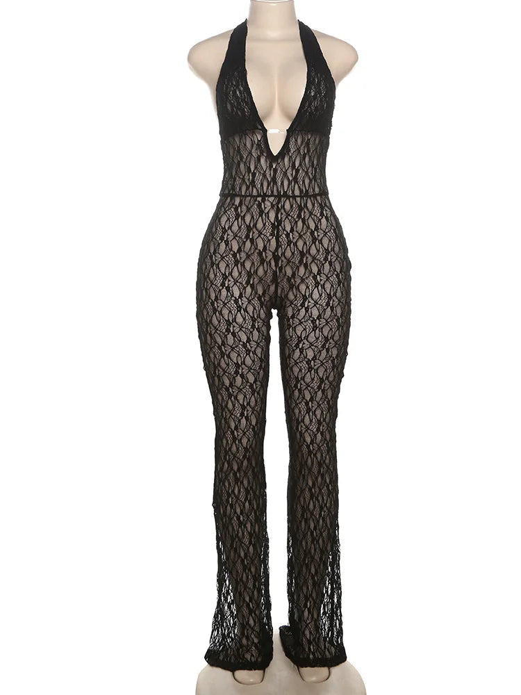 Sexy Mesh Halter Jumpsuit Women Backless Skinny Low-Neck Midnight Birthday Party Clubwear Activity Workout Overalls