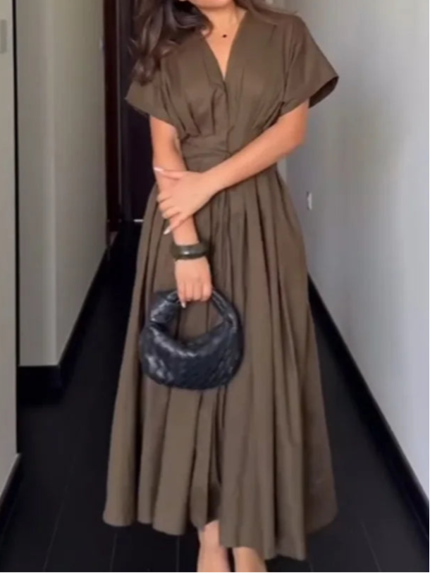 V-neck Lace-up Midi Dress Short Sleeve Backless Pleated Dress