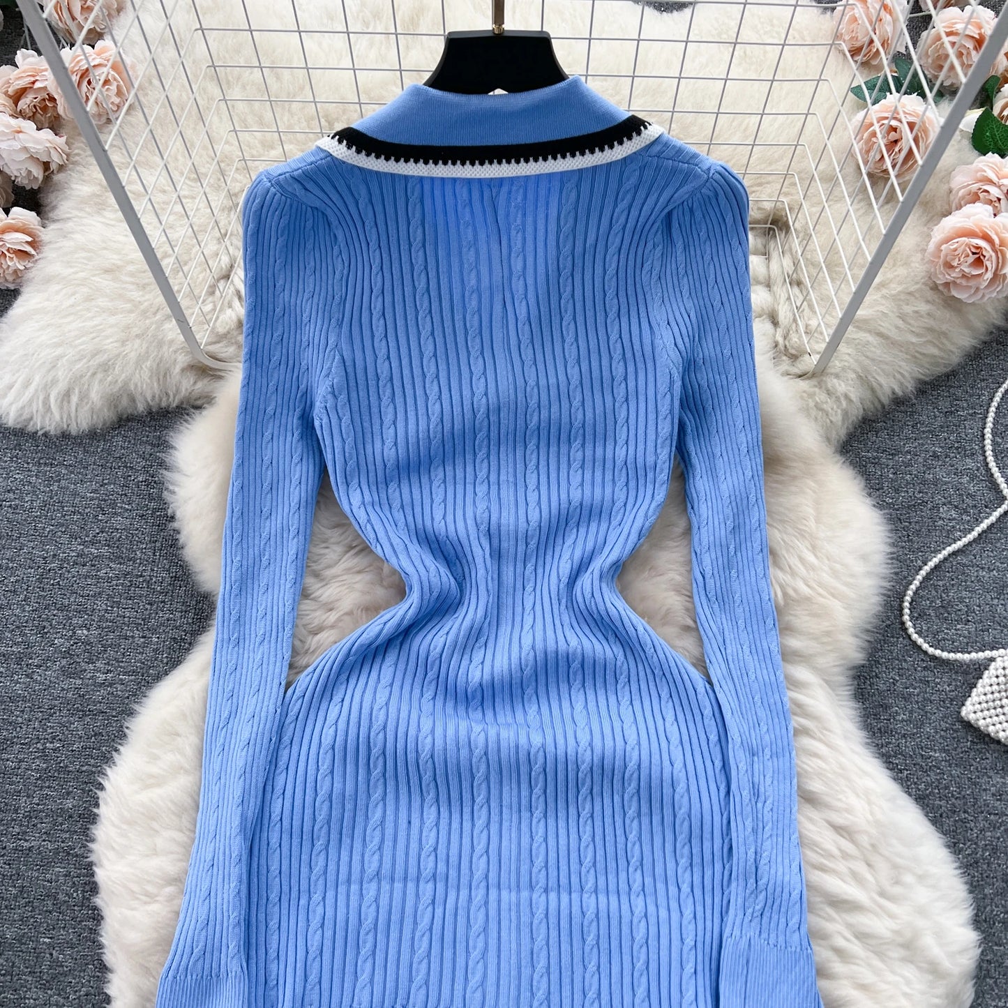 Women Polo Dress Single Breasted Pocket Design Bodycon Knitted Dress Sweater Midi Dress