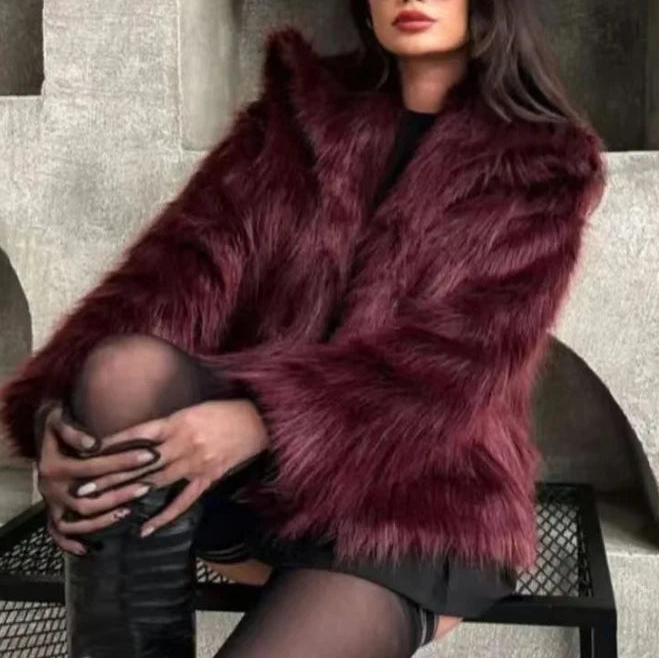 Women's Fur Coat Plush Burgundy Bomber Jacket Solid Crop Jacket Winter Coats
