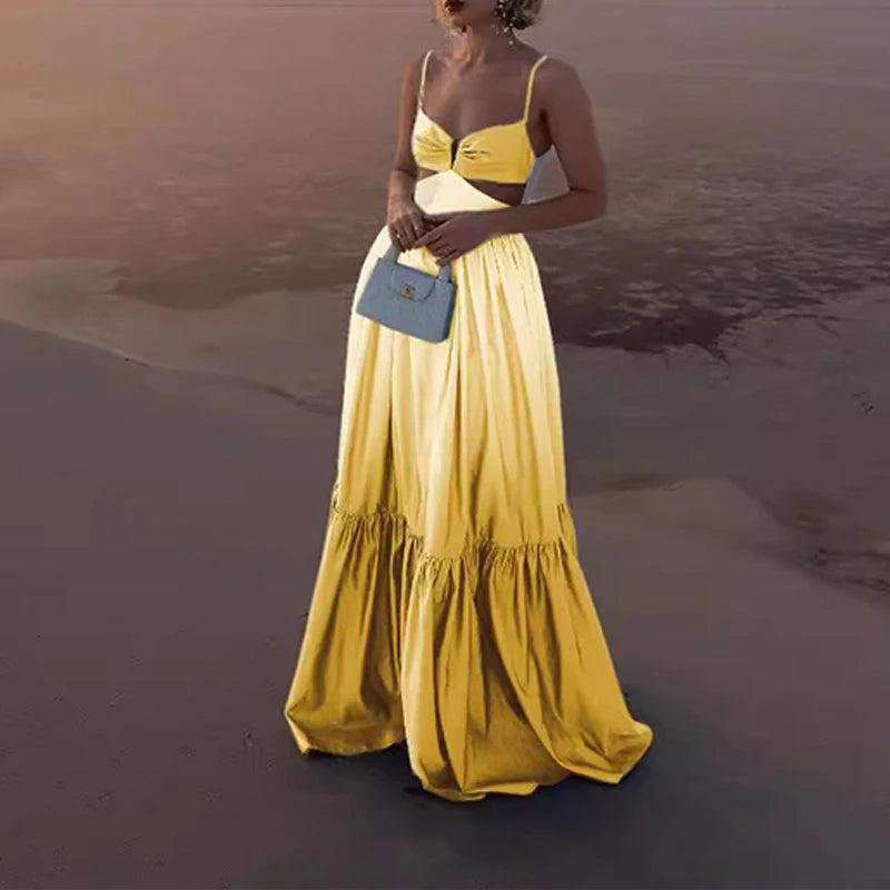 Gradient Color Hollowed Out Pleated Long Big Swing Maxi Dress Sun Dress