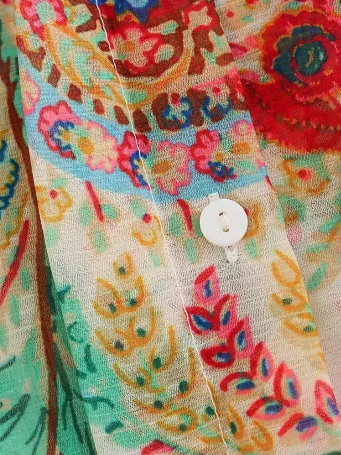 Women Vintage Totem Flower Print Pleated Puff Sleeve Blouse Breasted Shirt