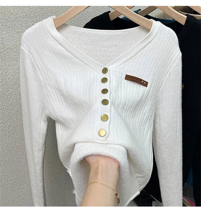 Thick Velvet V-neck Sweater Women Korean Fashion Lined Warm Knitted Pullover