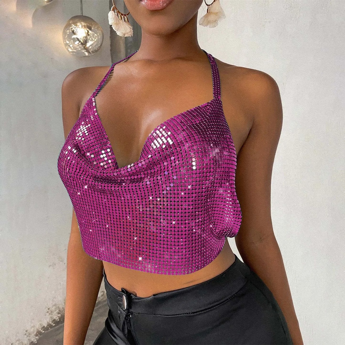 Sexy Sequins Metal Crop Tops Women Suspenders Halter Backless Night Club Tank Top