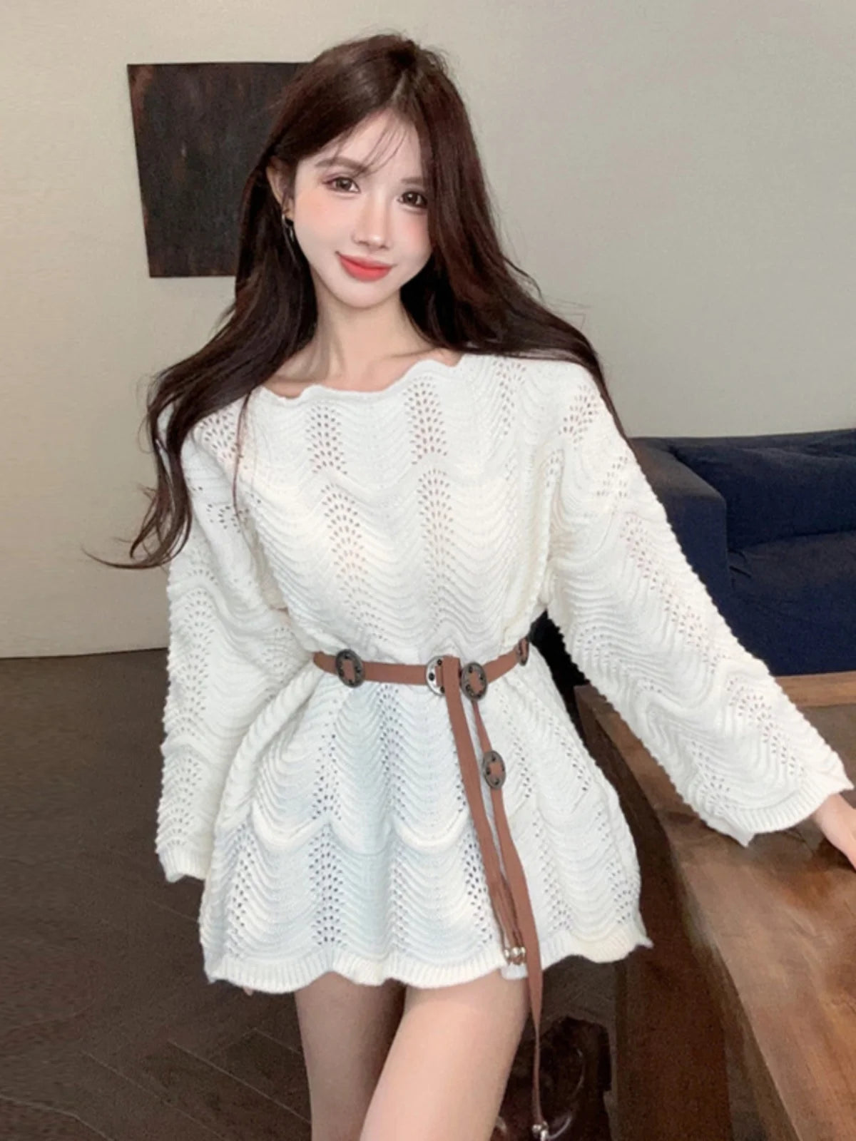 Women Tunic Sweater Pointelle Knit Long Sleeve Jumper for Leggings Cozy Knitwear