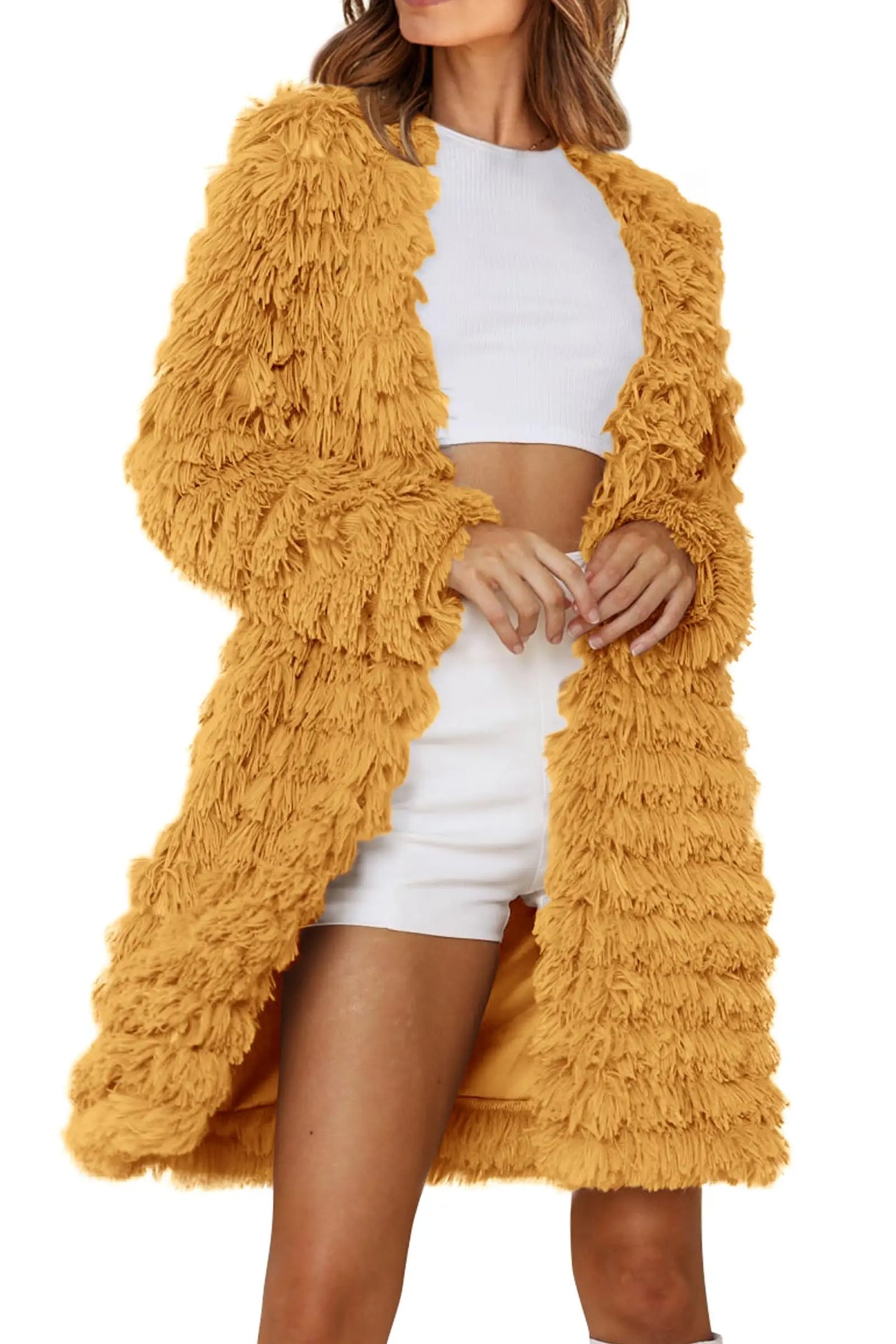 Long Sleeve Faux Fur Jackets Open Front Long Cardigan Coat Outerwear