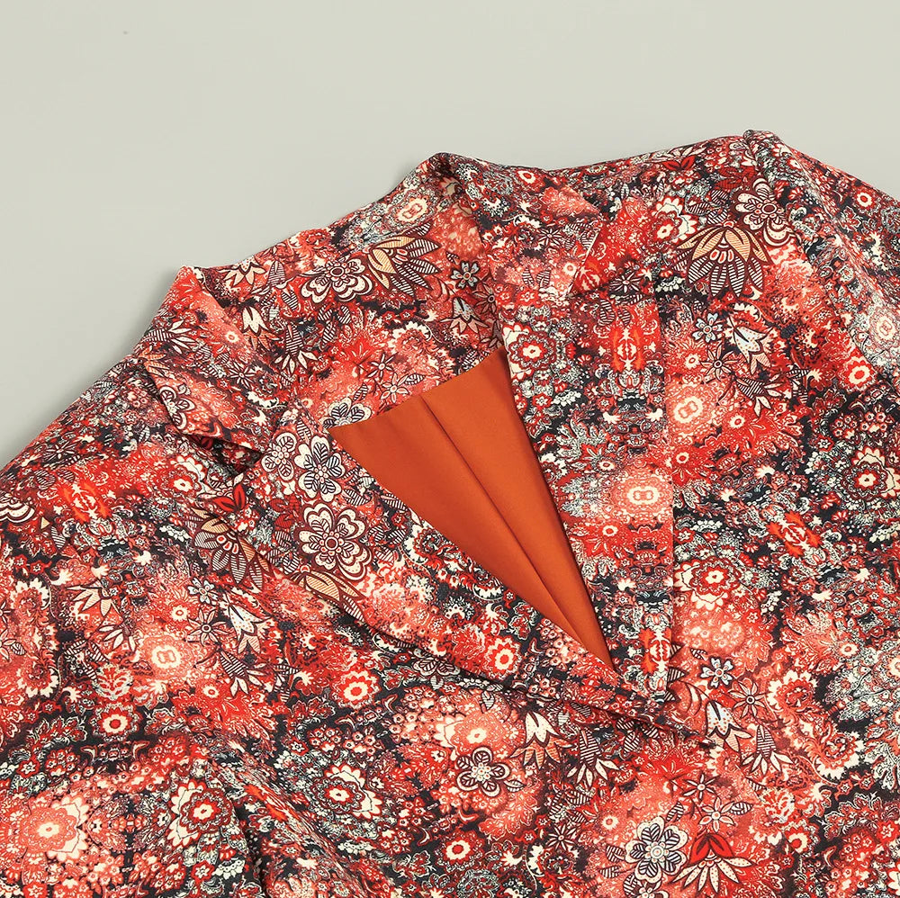 High-end Women's Blazer Dress Cuffs Adorned with Feather Print Dress