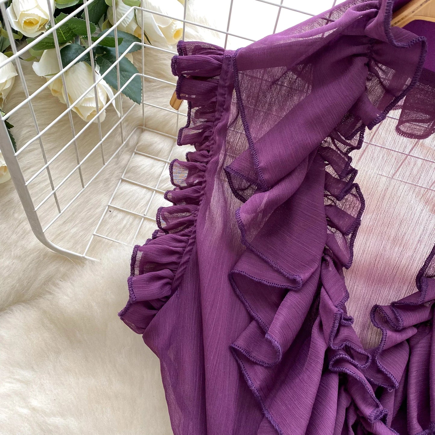 Sweet Ruffles Chiffon Blouses Women Sleeveless V Neck Retro Lace Up Blouse