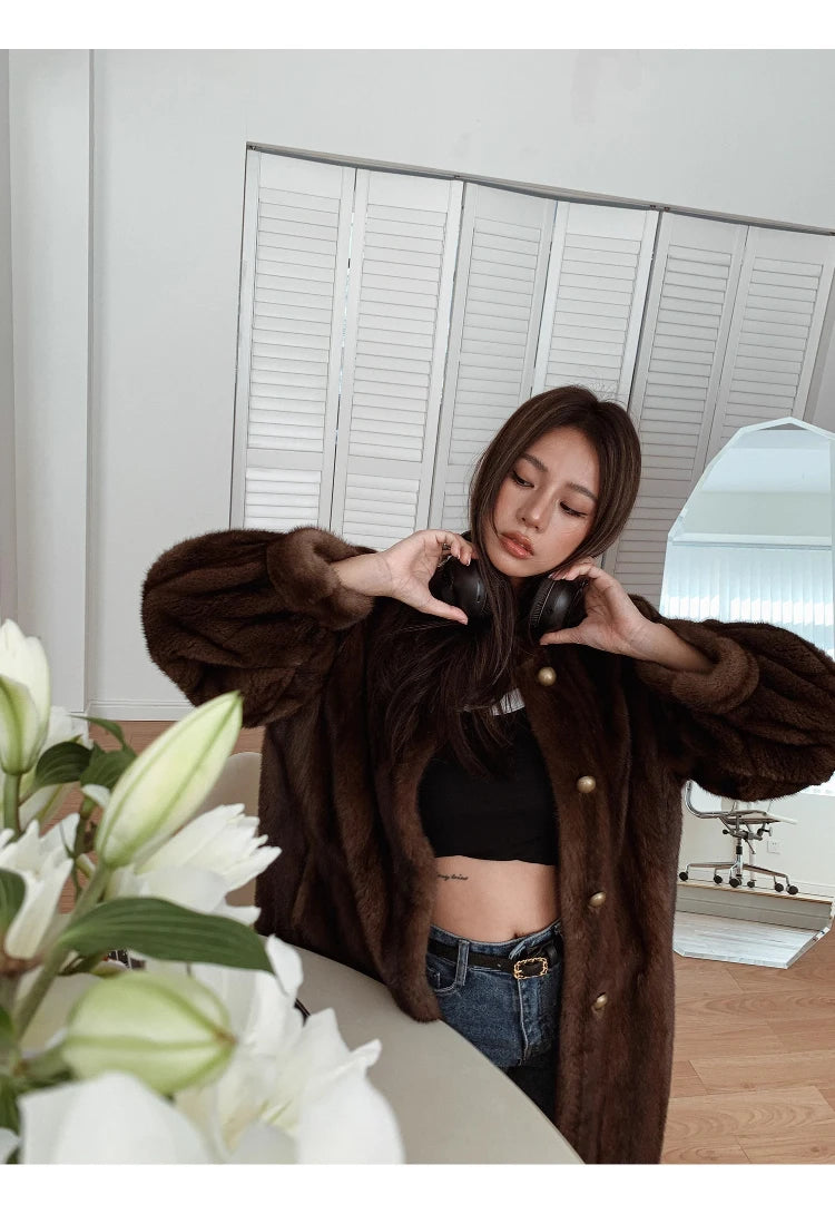 Brown Thick Warm Soft Faux Mink Fur Coat Women Puff Sleeve Stand Collar Fluffy Jacket