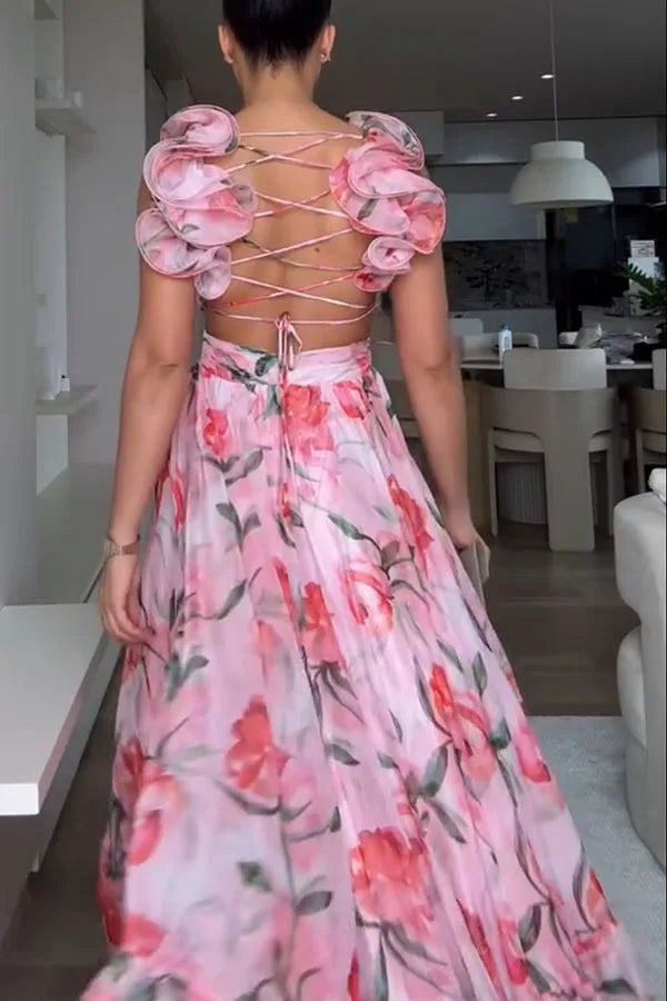 Women Chiffon Ruffle Edge Printing Maxi Dress V Neck Pleated High Waist Ankle Length Dress