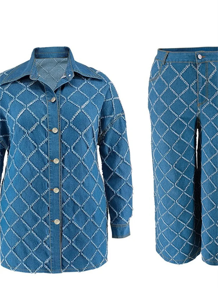 Plus Size Denim Two Piece Sets Women Long Sleeve Tops and Pants Matching Suits