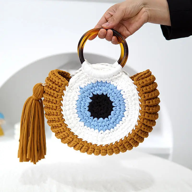 Rope Crochet Handbags Tassel Tote Round Handle Clutch Yarn Beach Bags for Women