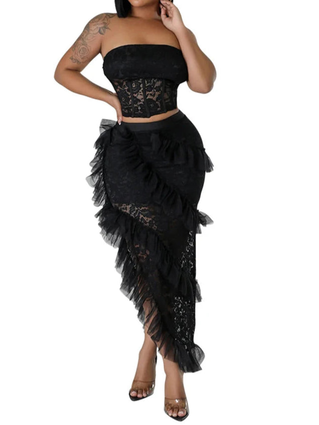 Two 2 Piece Sets for Women White Lace See Through Sleeveless Strapless Top and Ruffles Long Skirt Set
