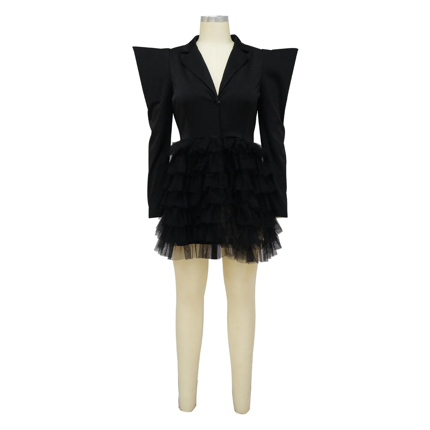 Mesh Paneling Solid Right Shoulders Long Sleeves Cake Dress For Women