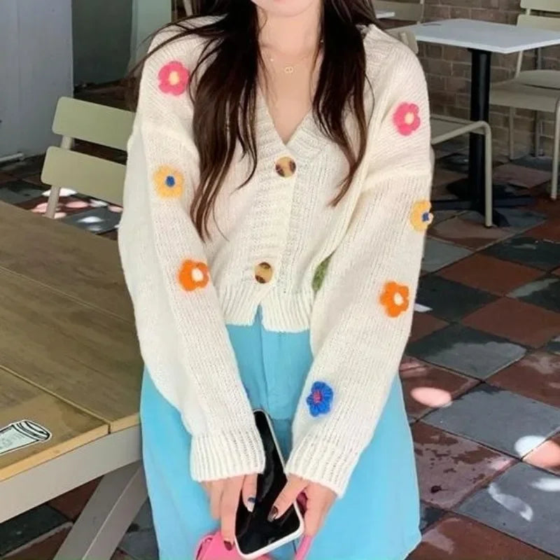 Colorful Flower Cardigan for Women Cute Long Sleeve V-neck Knit Crop Sweater