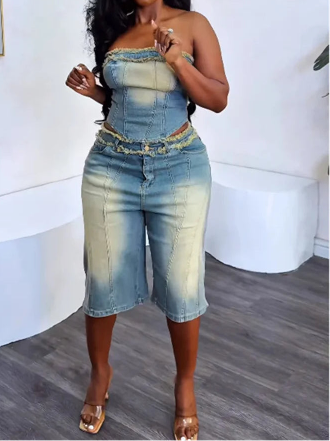 Cowboy 2 Piece Set Women Vintage Hipster Wrap Zip Backless Tube Tops+Button Straight Shorts Sexy Summer Matching Set
