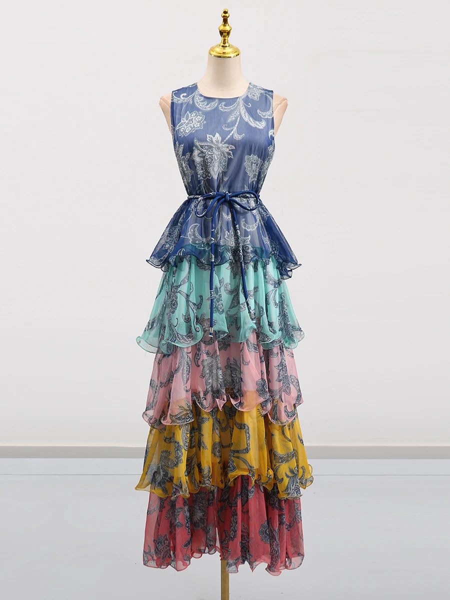 Colorful Print Ruffle Maxi Dress Spliced Lace Up Robe for Women Round Neck Sleeveless High Waist Patchwork Ruffles Dress