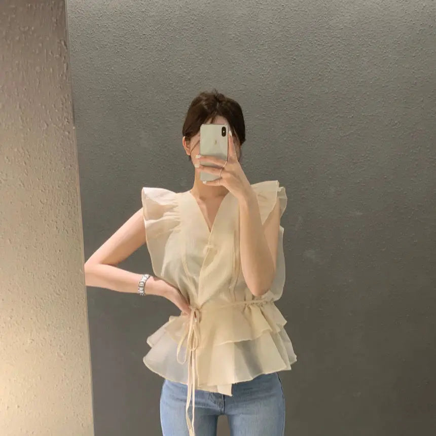 Lace Up Top Ruffled V-neck Sleeveless Shirts Blouse for Women