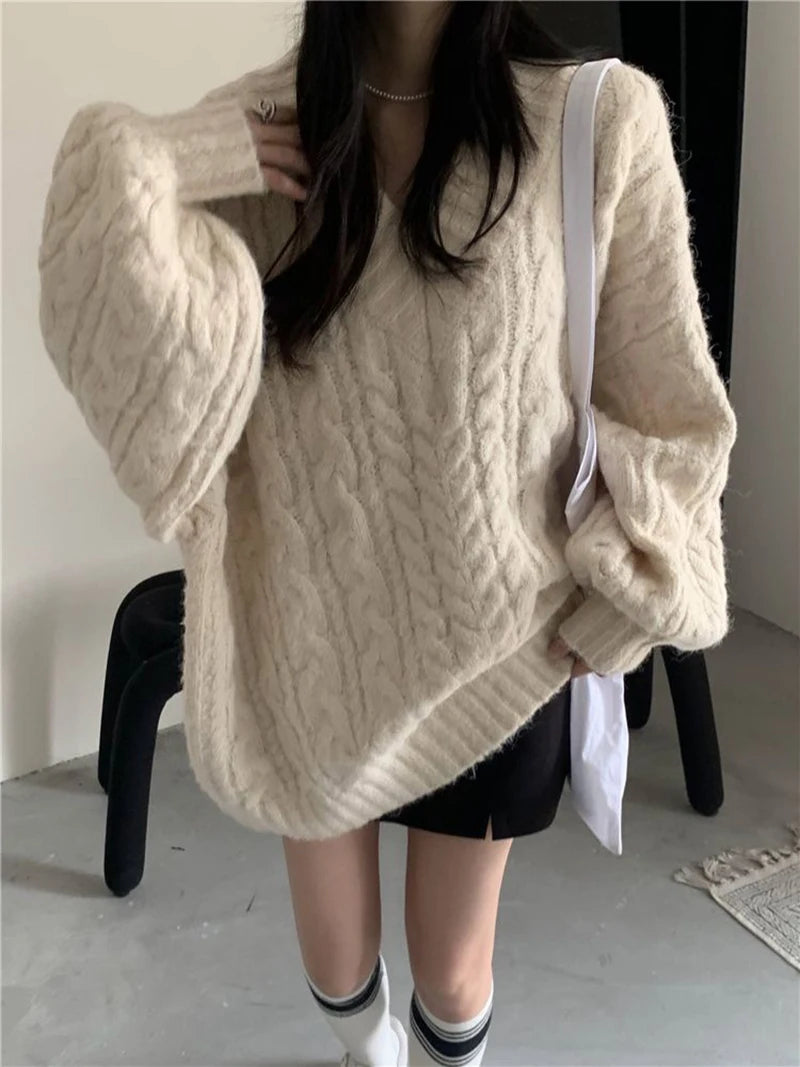 Harajuku Women Sweater Cute Oversized Knitted Pullover V Neck Sweater