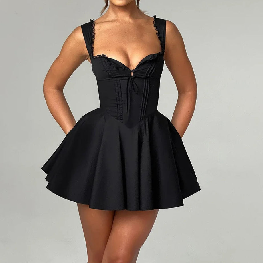 Sleeveless Lace Splicing Spice Slip Dress Slim Backless Ballet Pompadour Dress V-neck High-waisted Mini Dress