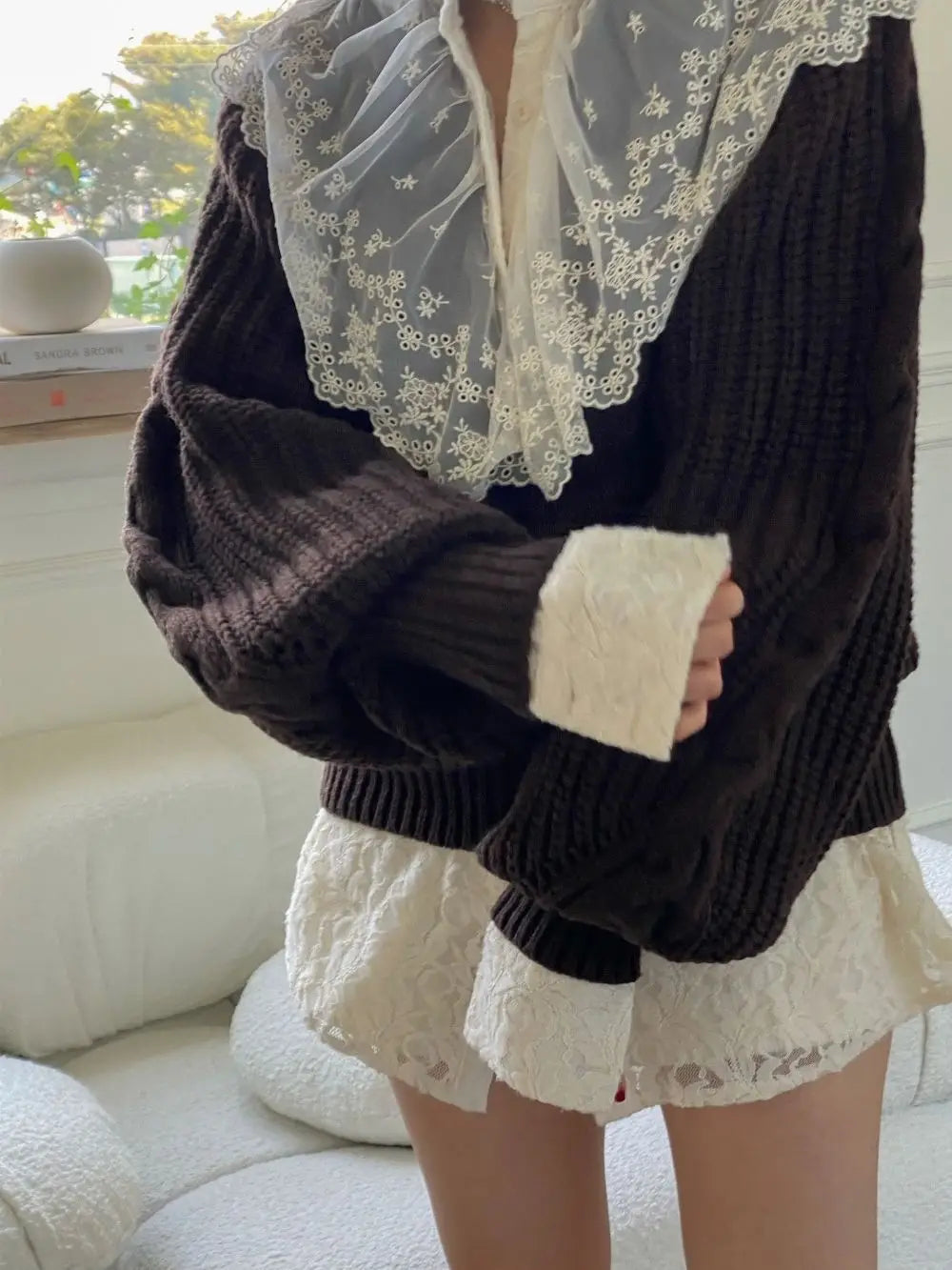 Chic Fried Dough Twists Pattern Pullover Loose Lantern Sleeve Knit Sweater