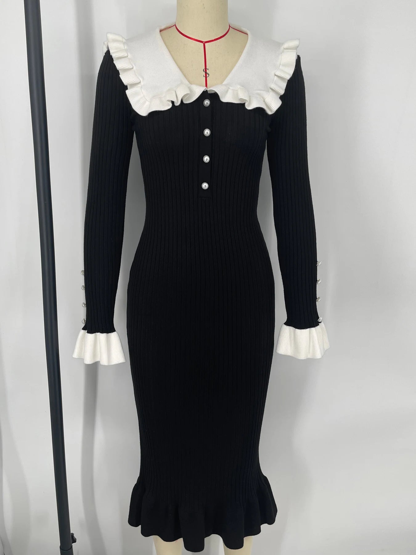 Retro Elegant High Waist Ruffled Maxi Sweater Dresses Knitted Dress