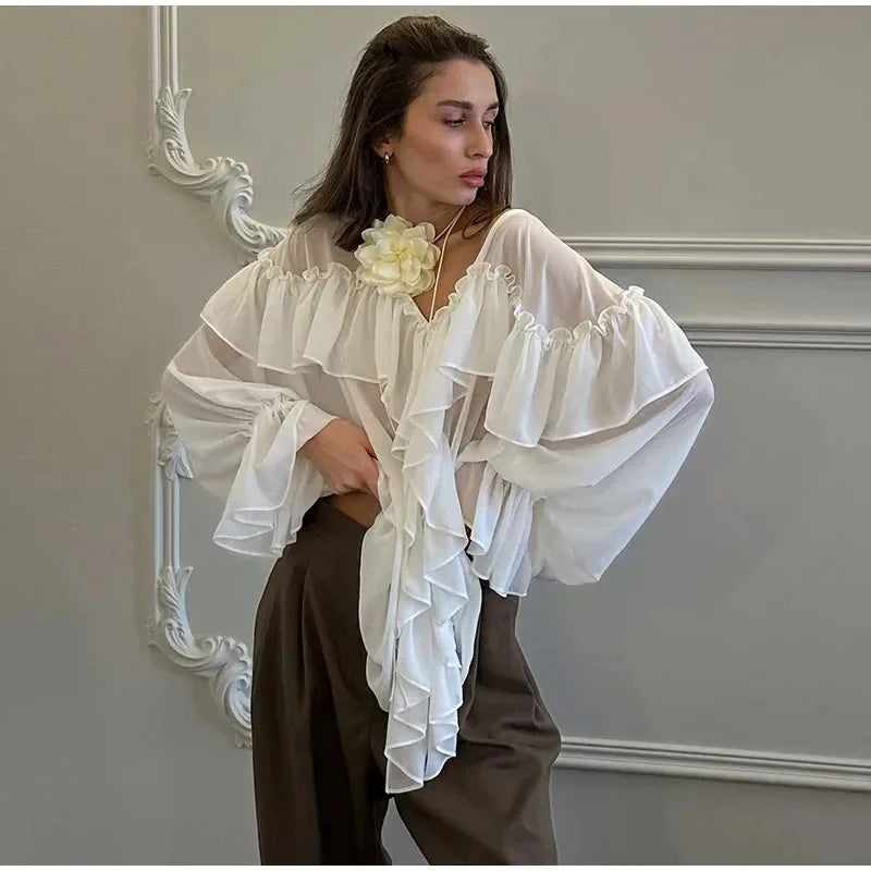 White Chiffon Shirt Women's V-Neck Sexy See Through Shirt Beach Ruffle Blouse