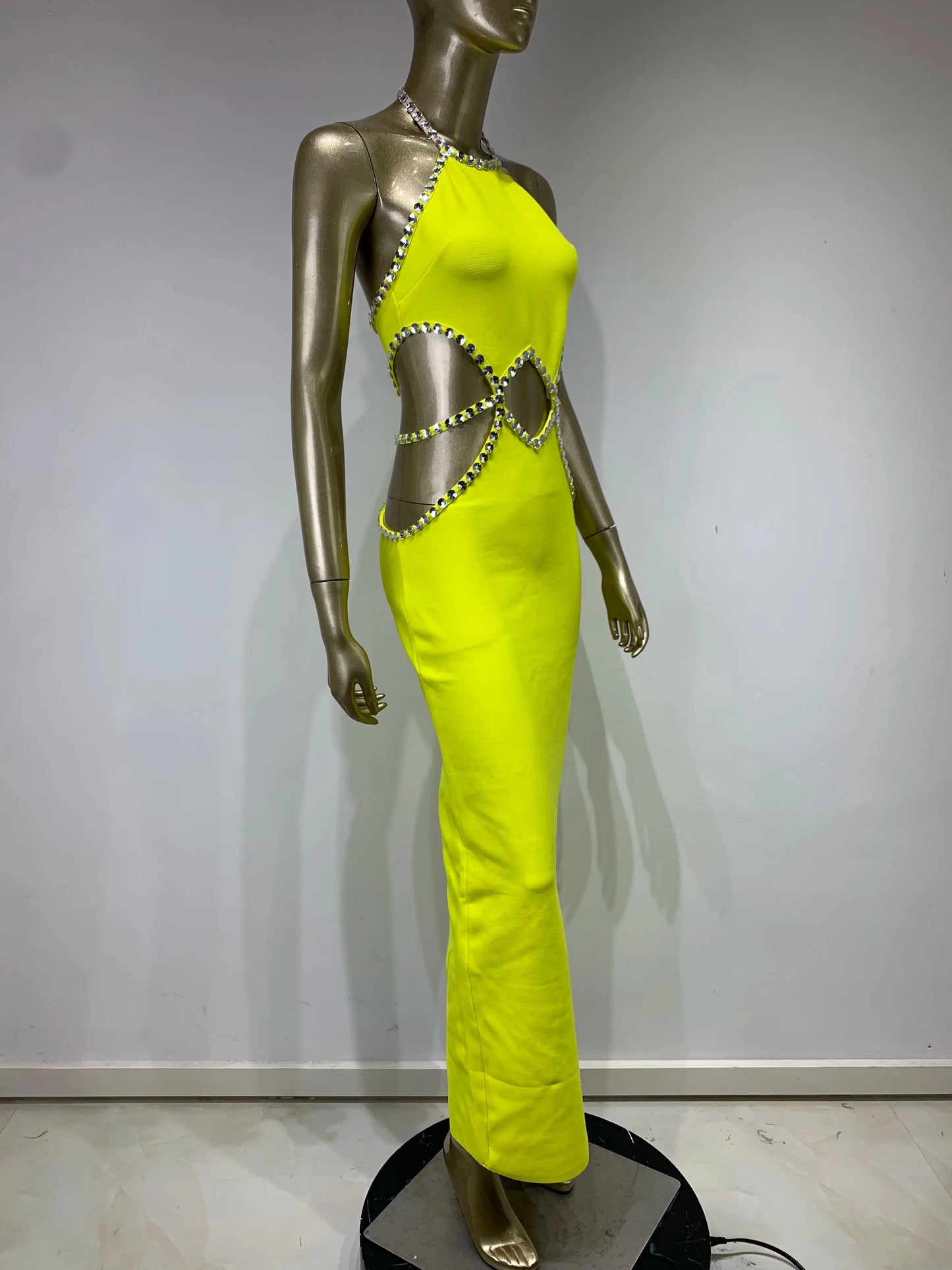 Sexy Backless Halter Beading Maxi Long Lemon Bandage Dress Cocktail Dress