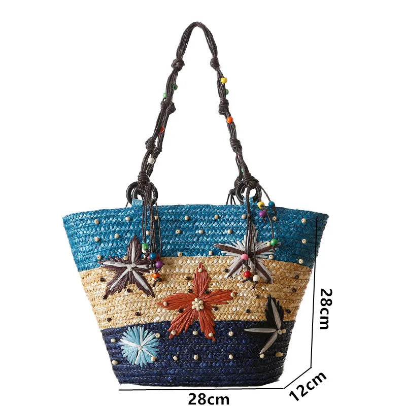 Bohemian Hand Embroidered Starfish Straw Woven Bag Beaded Handbags For Ladies