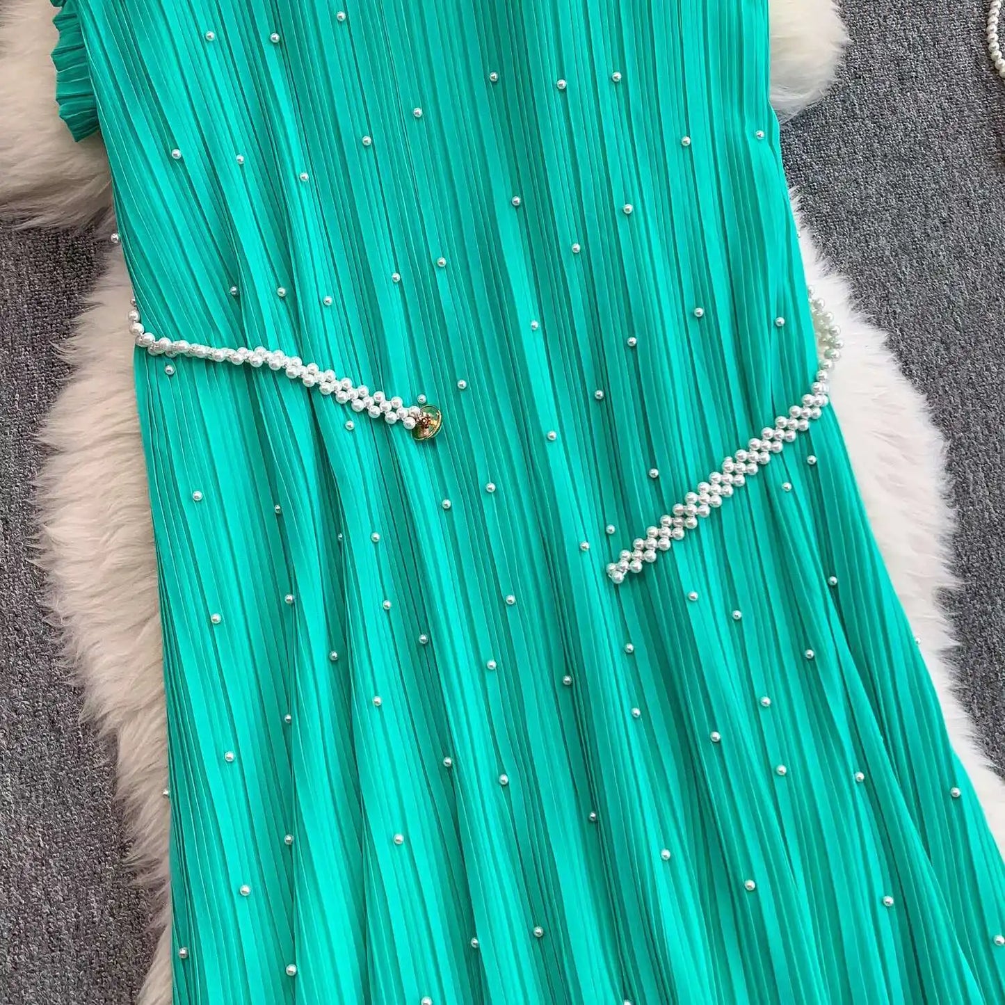 Summer Luxury Pearls Long Chiffon Dress For Women Loose Big Size Short Sleeve Crystal Birthday Evening Midi Pleated Dresses